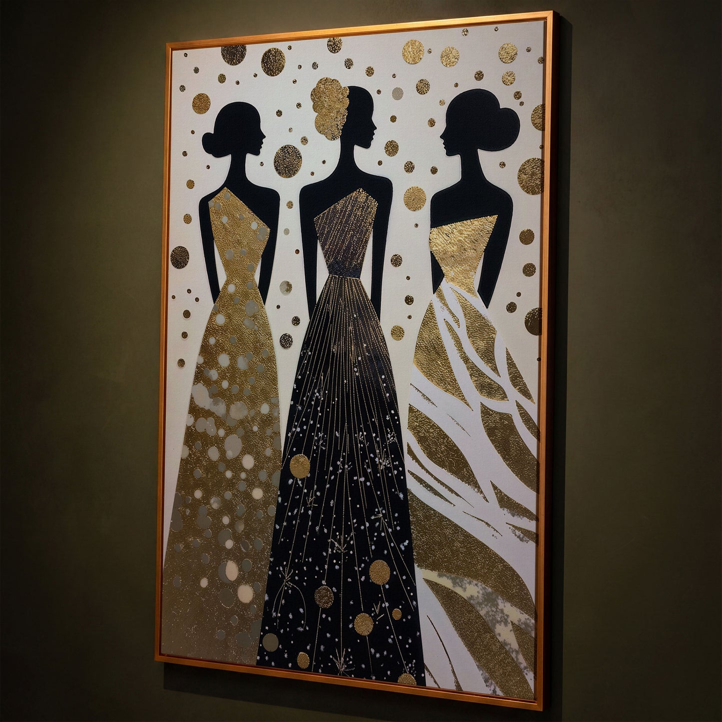 Three Elegance Silhouettes Canvas Wall Art, Figurative Female Gowns shown in antique gold floating frame