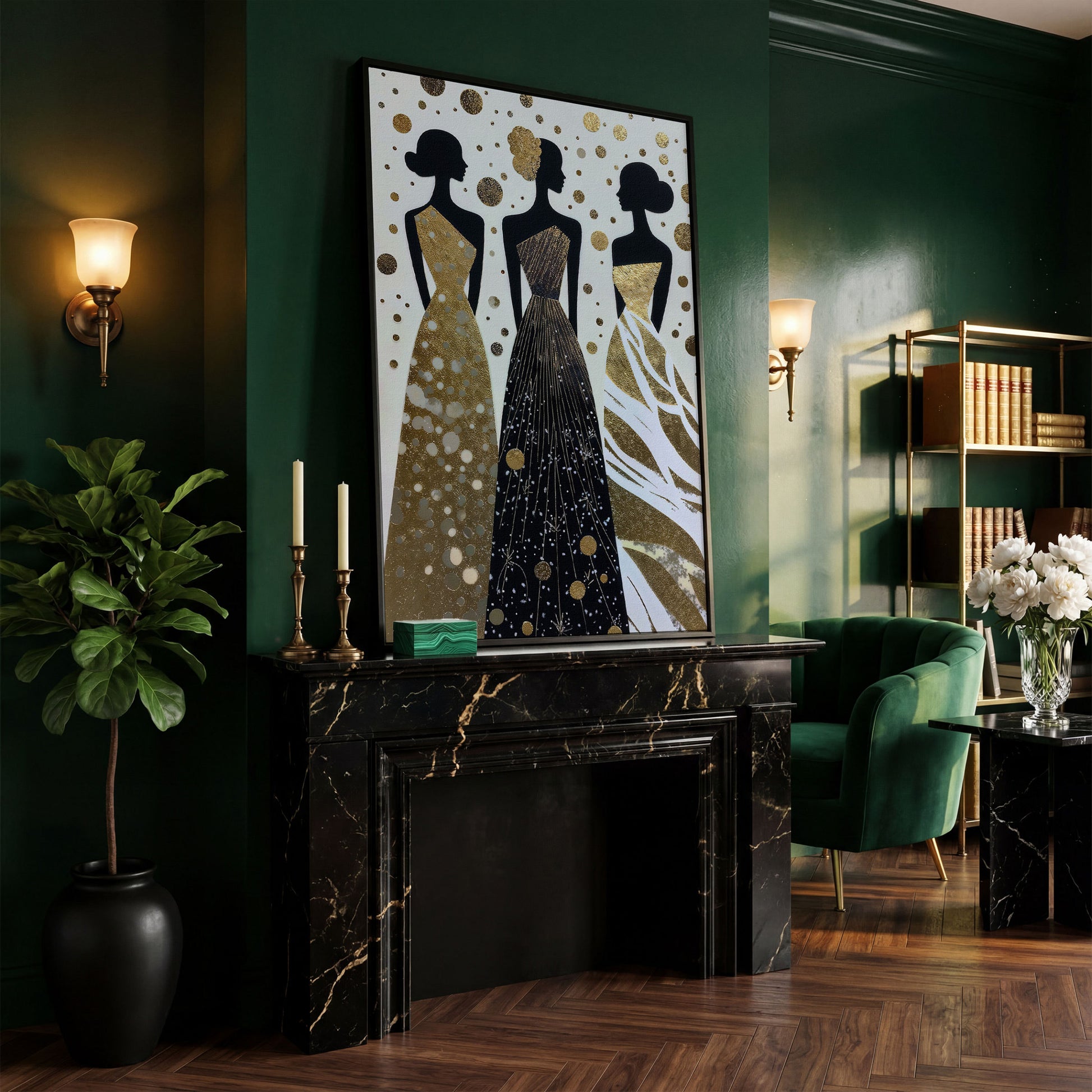 Three Elegance Silhouettes Canvas Wall Art, Figurative Female Gowns in black floating frame