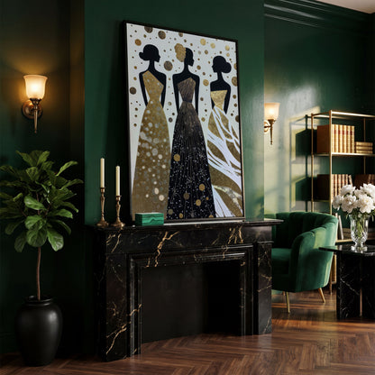 Three Elegance Silhouettes Canvas Wall Art, Figurative Female Gowns in black floating frame