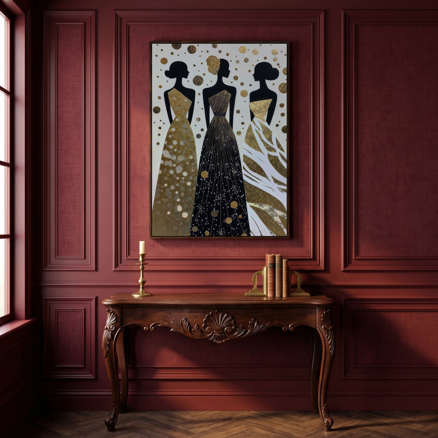 Three Elegance Silhouettes Canvas Wall Art, Figurative Female Gowns in dark walnut floating frame