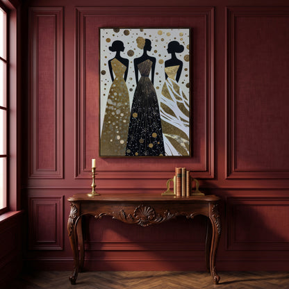 Three Elegance Silhouettes Canvas Wall Art, Figurative Female Gowns in dark walnut floating frame