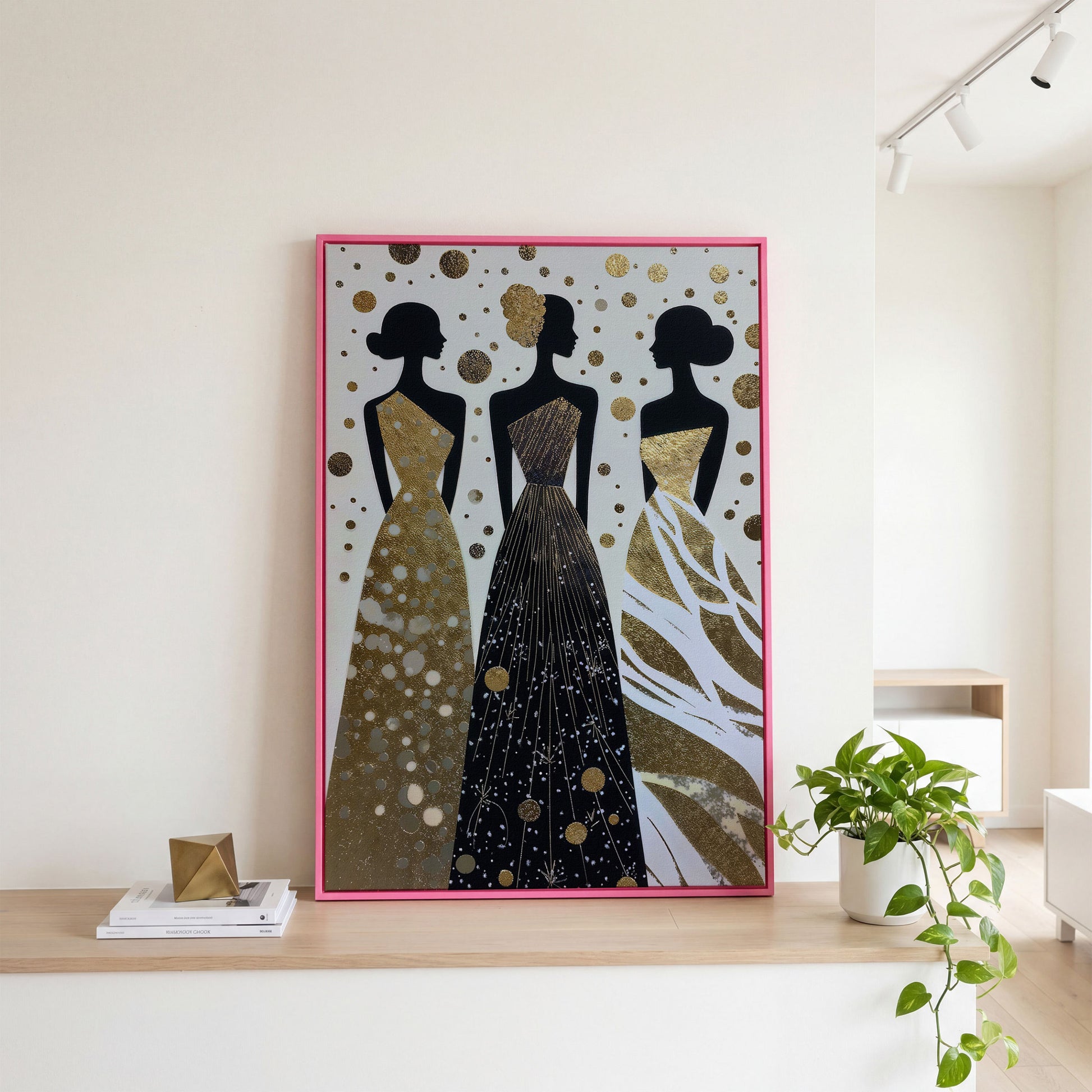 Three Elegance Silhouettes Canvas Wall Art, Figurative Female Gowns in pink floating frame
