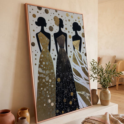 Three Elegance Silhouettes Canvas Wall Art, Figurative Female Gowns in rose gold floating frame