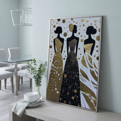 Three Elegance Silhouettes Canvas Wall Art, Figurative Female Gowns in silver floating frame