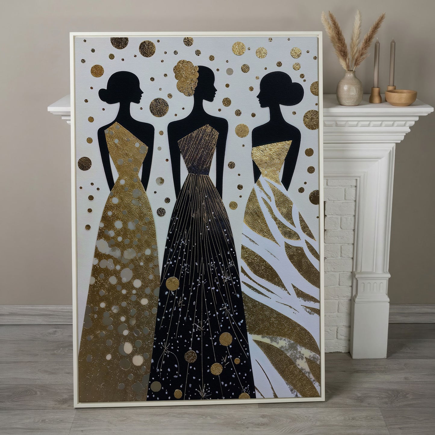 Three Elegance Silhouettes Canvas Wall Art, Figurative Female Gowns in white floating frame