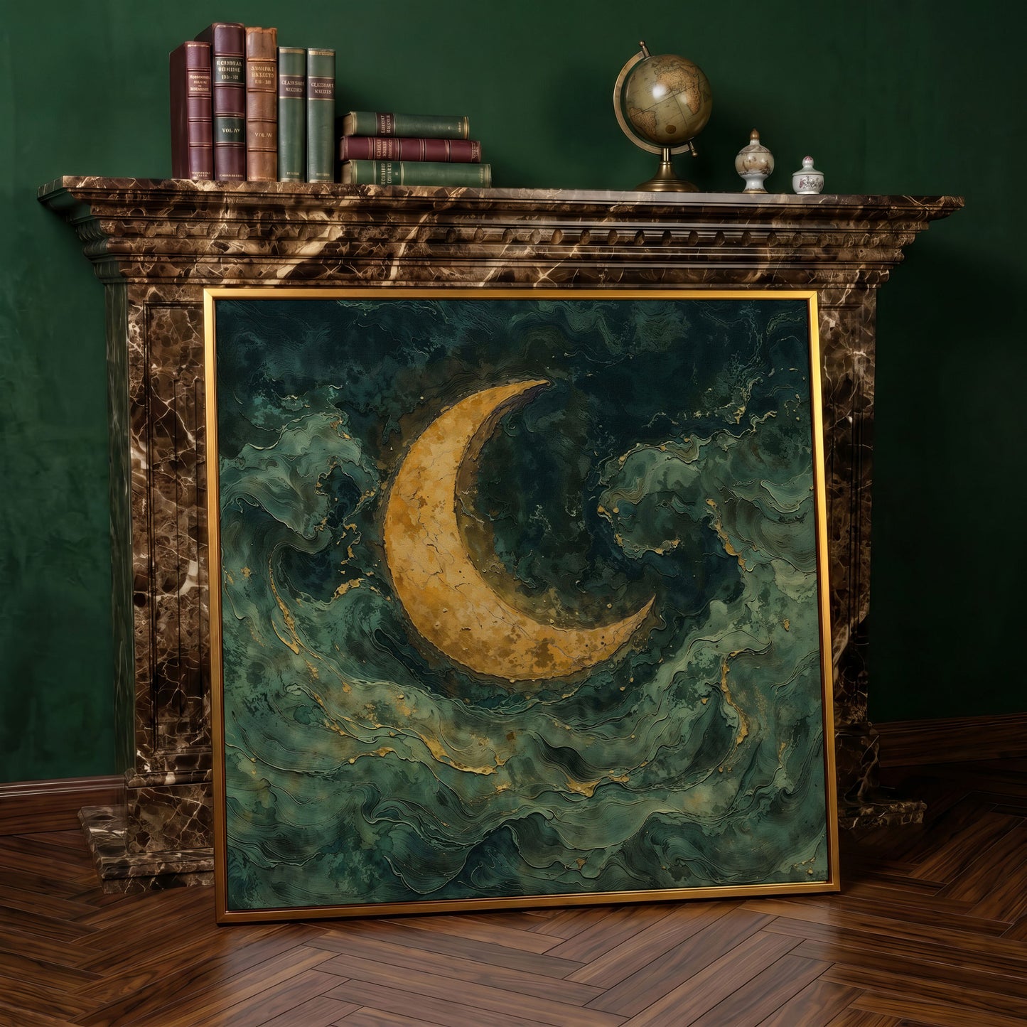 Crescent Moon with Abstract Waves Canvas in antique gold floating frame