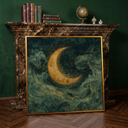 Crescent Moon with Abstract Waves Canvas in antique gold floating frame