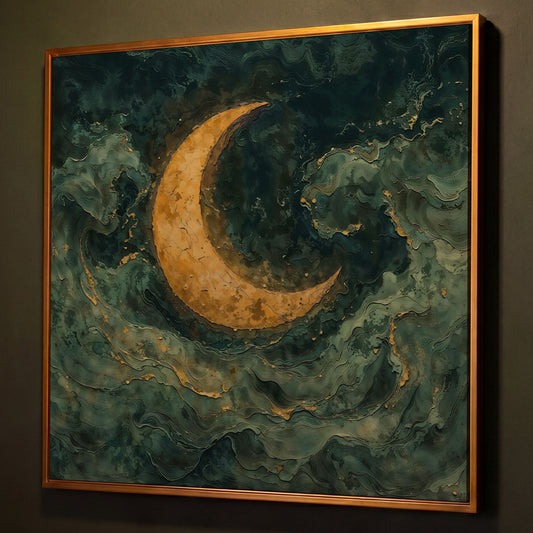 Crescent Moon with Abstract Waves Canvas shown in antique gold floating frame