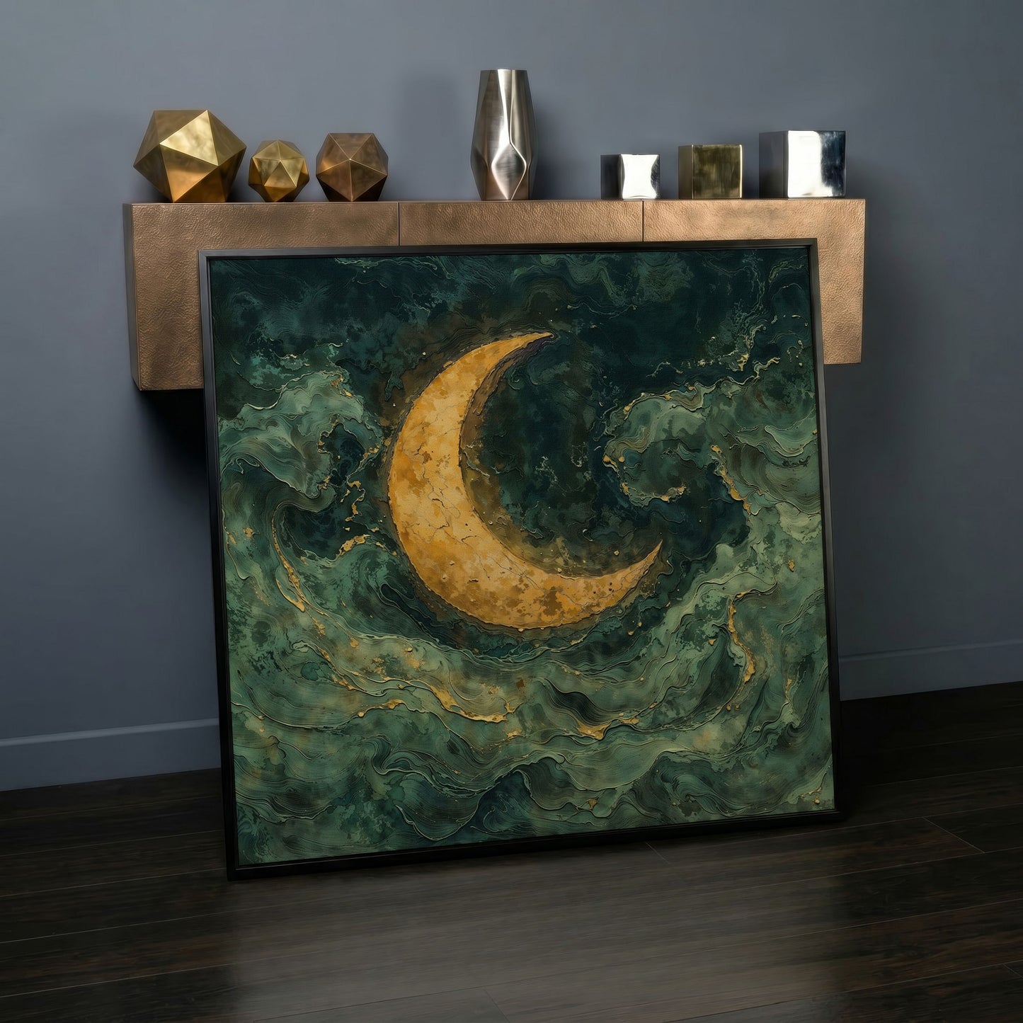 Crescent Moon with Abstract Waves Canvas in black floating frame