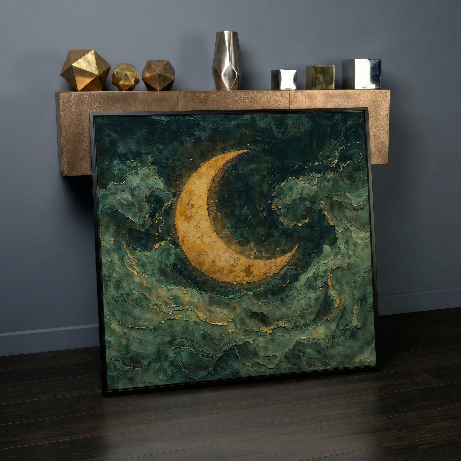 Crescent Moon with Abstract Waves Canvas in black floating frame