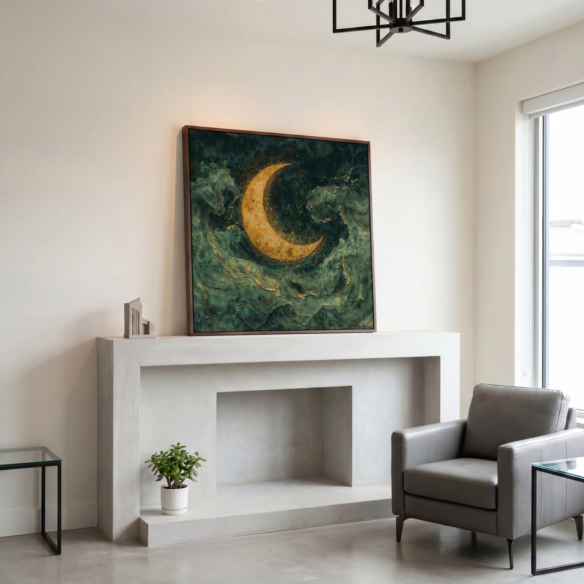 Crescent Moon with Abstract Waves Canvas in dark walnut floating frame