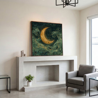 Crescent Moon with Abstract Waves Canvas in dark walnut floating frame