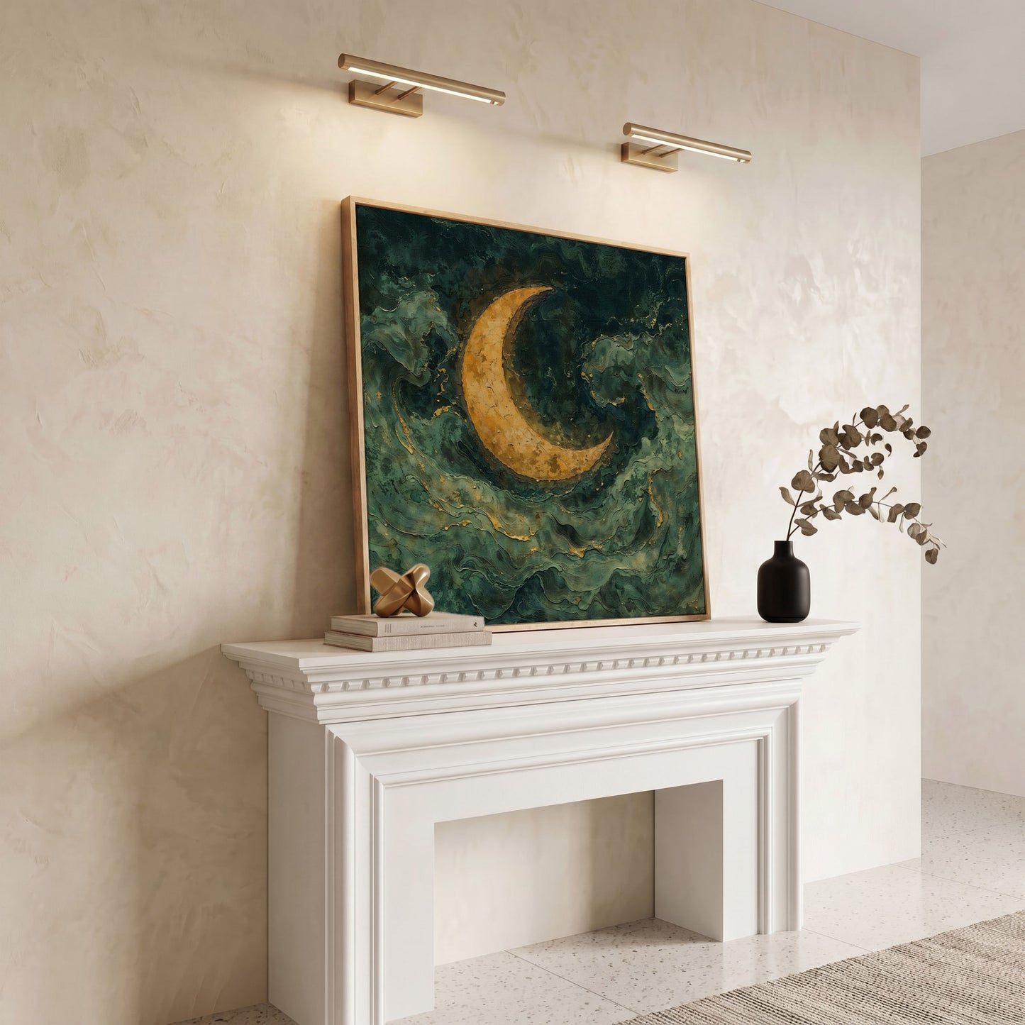 Crescent Moon with Abstract Waves Canvas in white oak floating frame