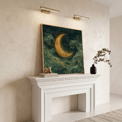 Crescent Moon with Abstract Waves Canvas in white oak floating frame