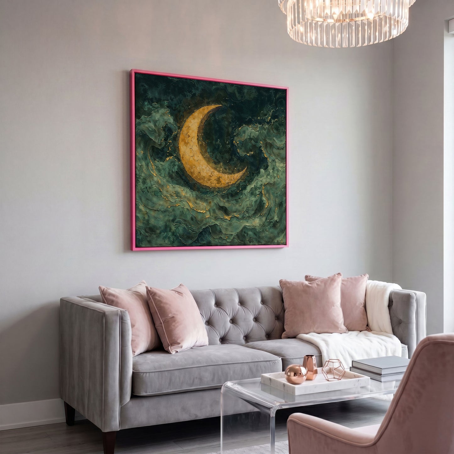 Crescent Moon with Abstract Waves Canvas in pink floating frame