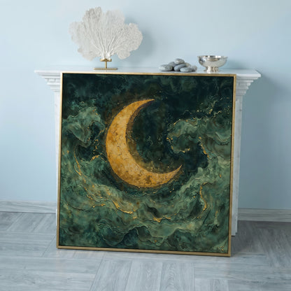 Crescent Moon with Abstract Waves Canvas in rose gold floating frame