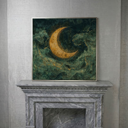 Crescent Moon with Abstract Waves Canvas in silver floating frame