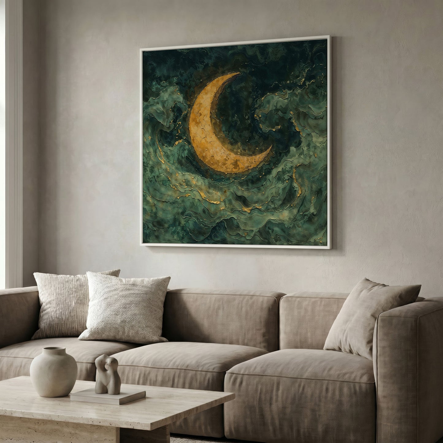 Crescent Moon with Abstract Waves Canvas in white floating frame
