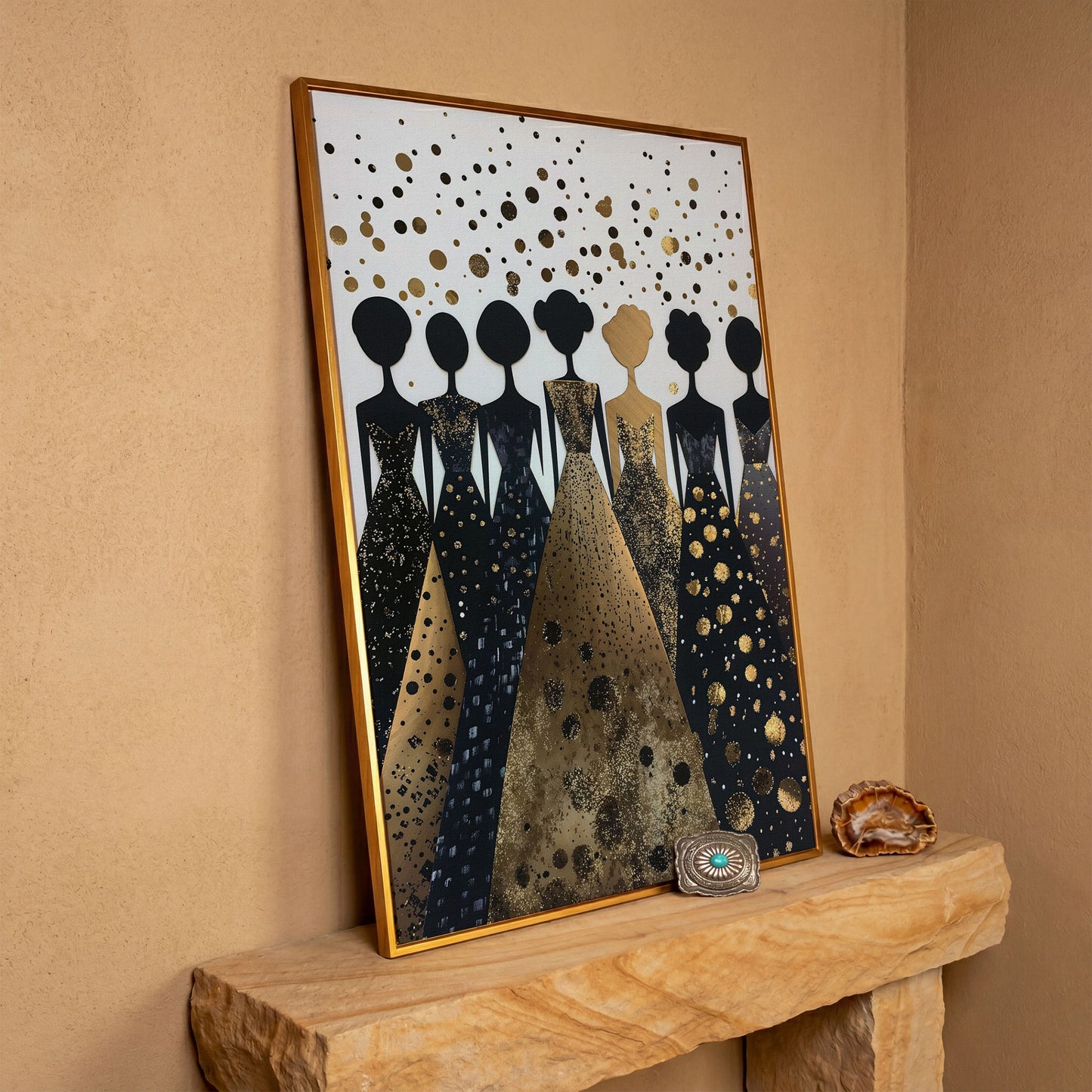 Seven Female Silhouettes in Gold and Black Canvas in antique gold floating frame