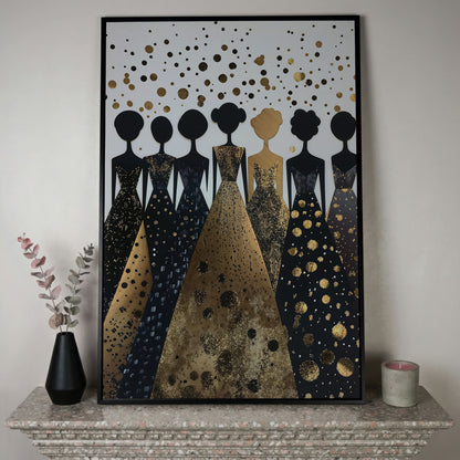 Seven Female Silhouettes in Gold and Black Canvas in black floating frame
