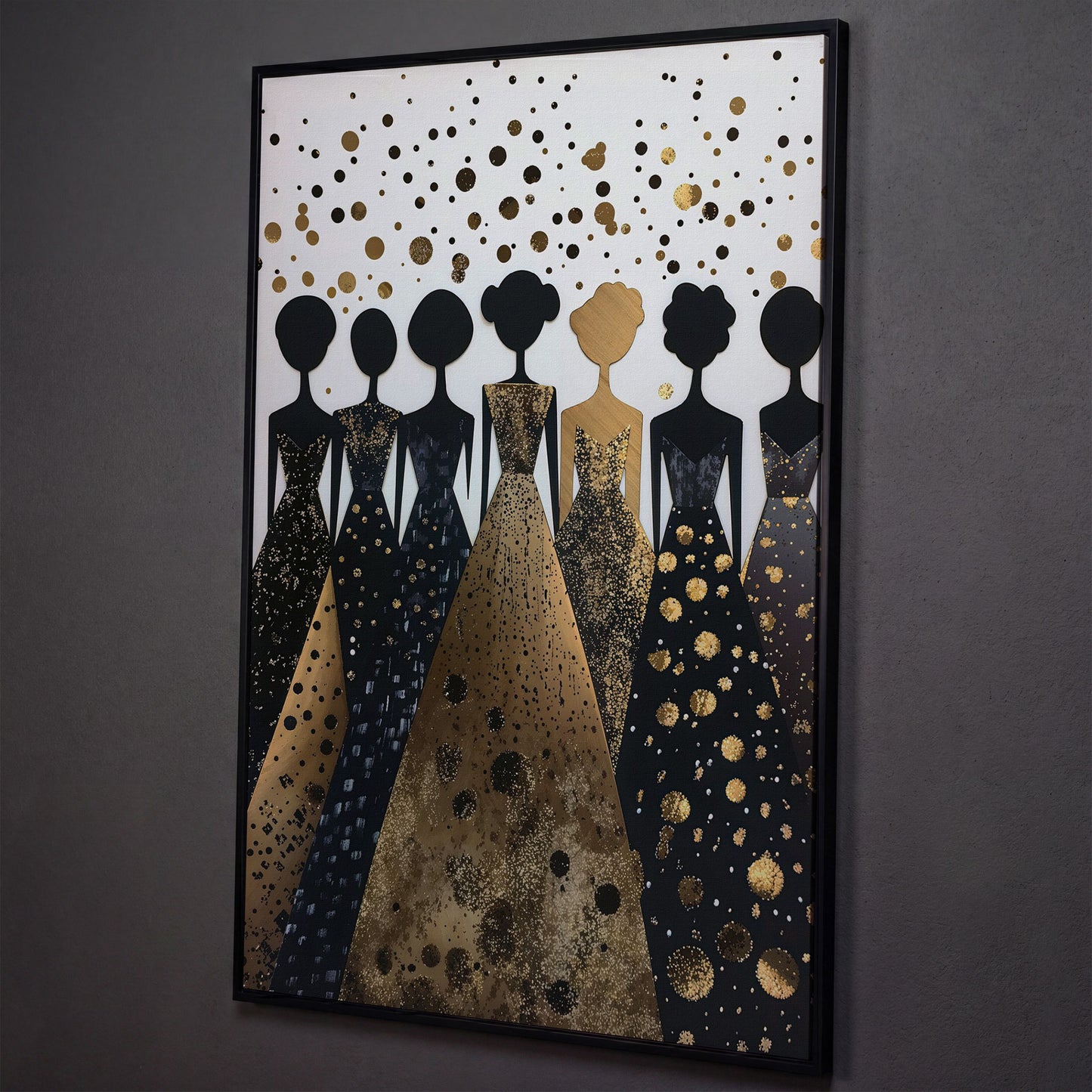 Seven Female Silhouettes in Gold and Black Canvas shown in black floating frame