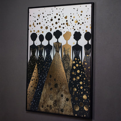 Seven Female Silhouettes in Gold and Black Canvas shown in black floating frame