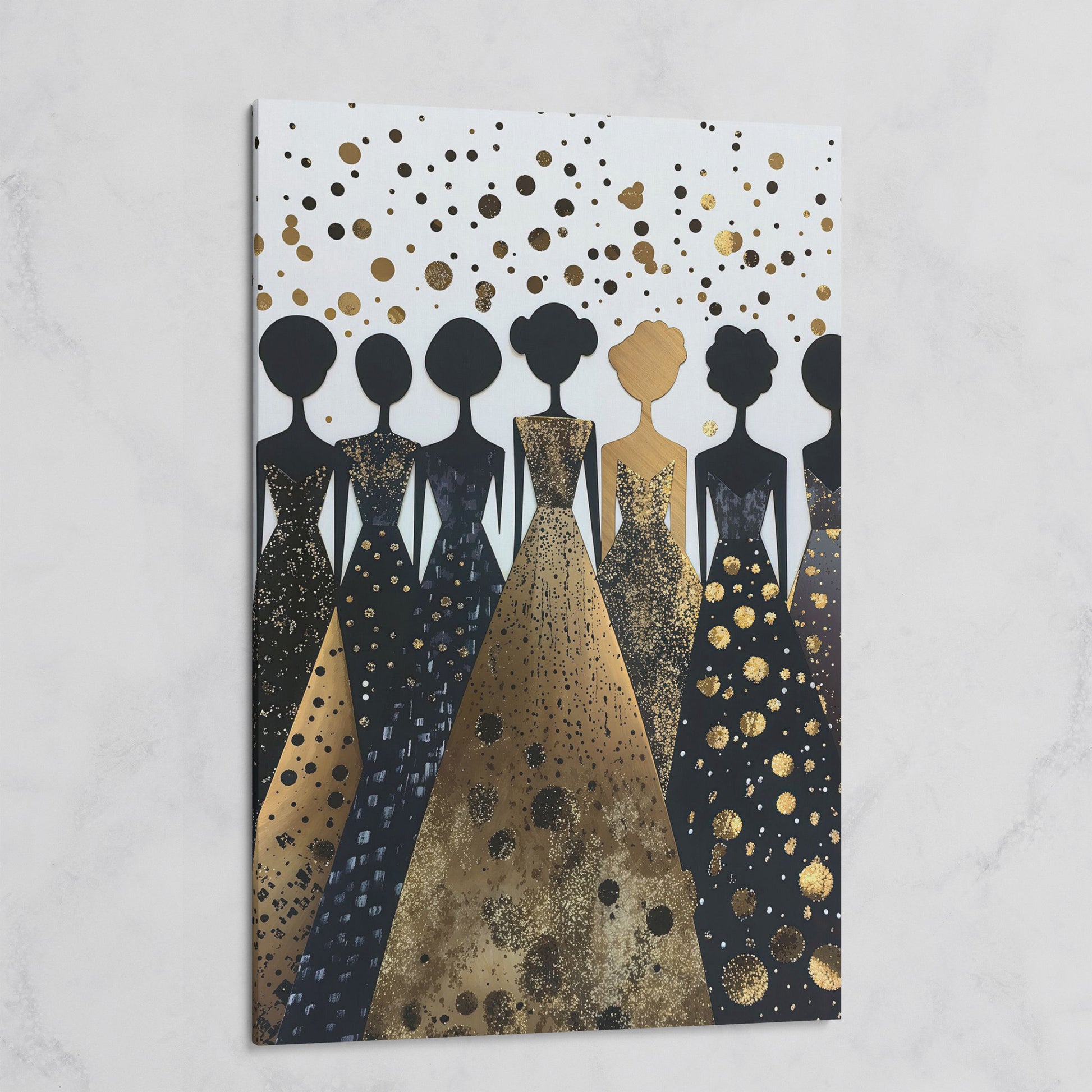 Seven Female Silhouettes in Gold and Black Canvas on gallery wrap