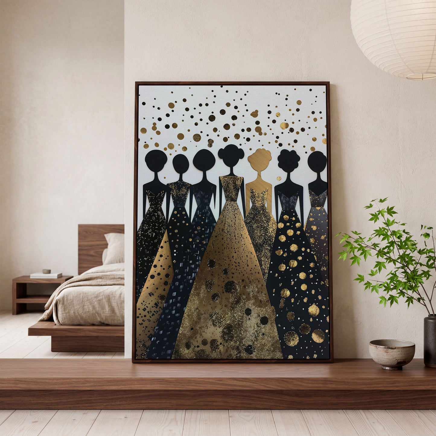 Seven Female Silhouettes in Gold and Black Canvas in dark walnut floating frame