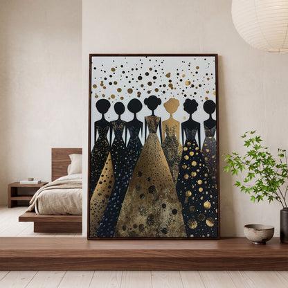 Seven Female Silhouettes in Gold and Black Canvas in dark walnut floating frame
