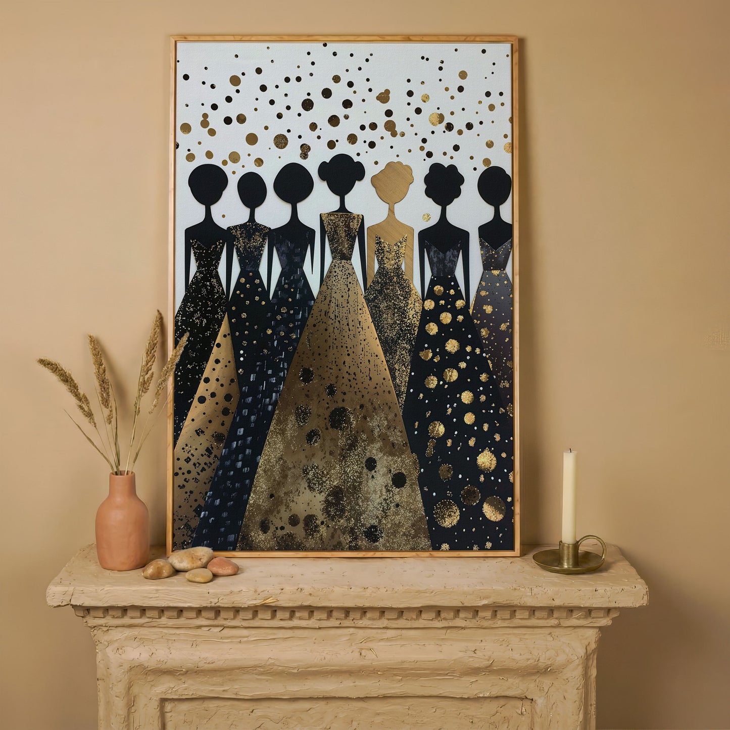 Seven Female Silhouettes in Gold and Black Canvas in white oak floating frame