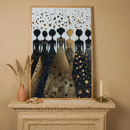 Seven Female Silhouettes in Gold and Black Canvas in white oak floating frame