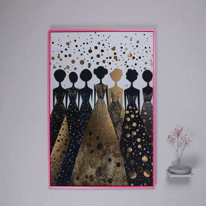 Seven Female Silhouettes in Gold and Black Canvas in pink floating frame