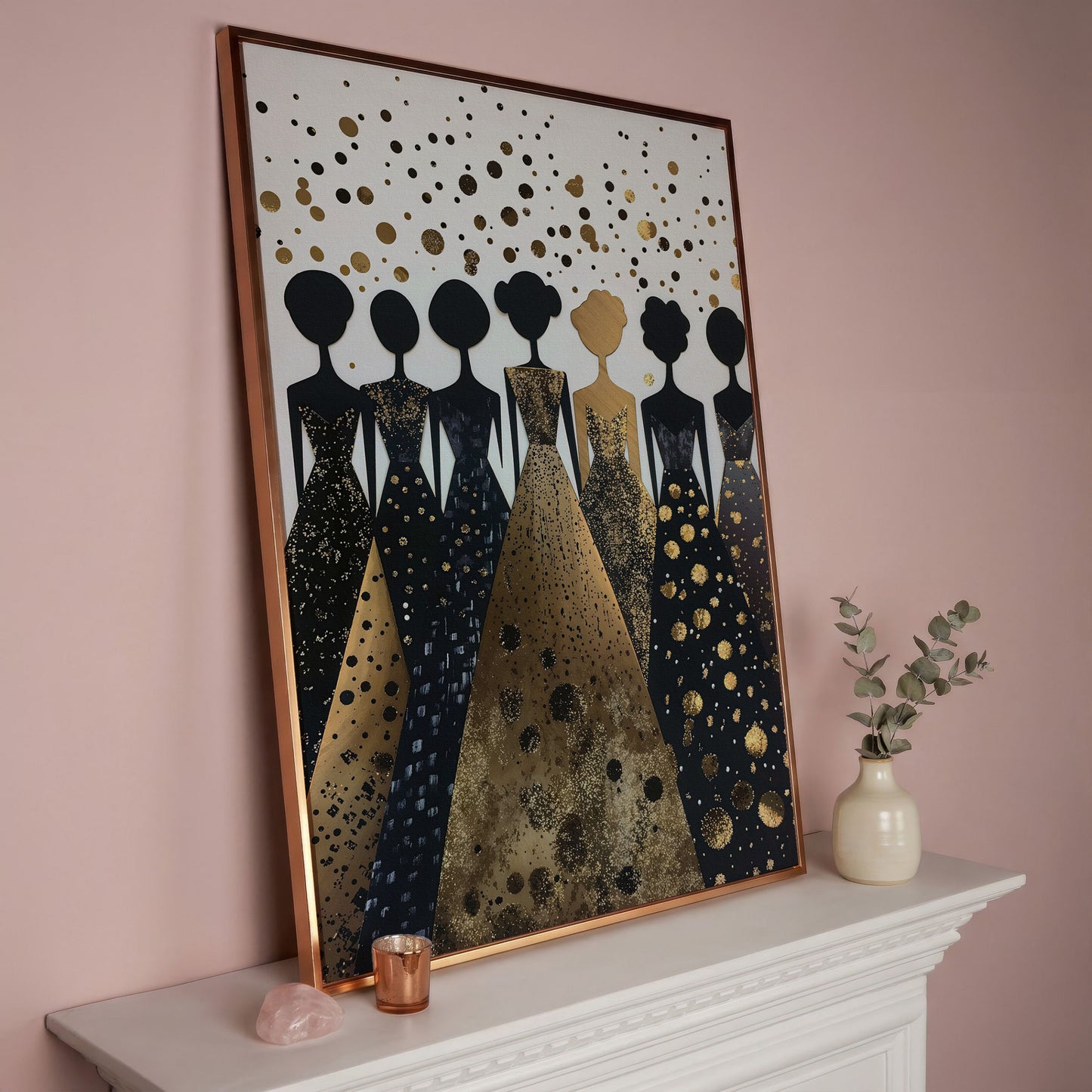 Seven Female Silhouettes in Gold and Black Canvas in rose gold floating frame