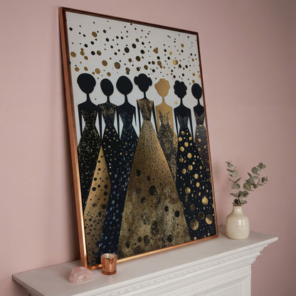 Seven Female Silhouettes in Gold and Black Canvas in rose gold floating frame