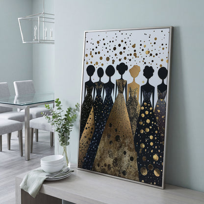 Seven Female Silhouettes in Gold and Black Canvas in silver floating frame