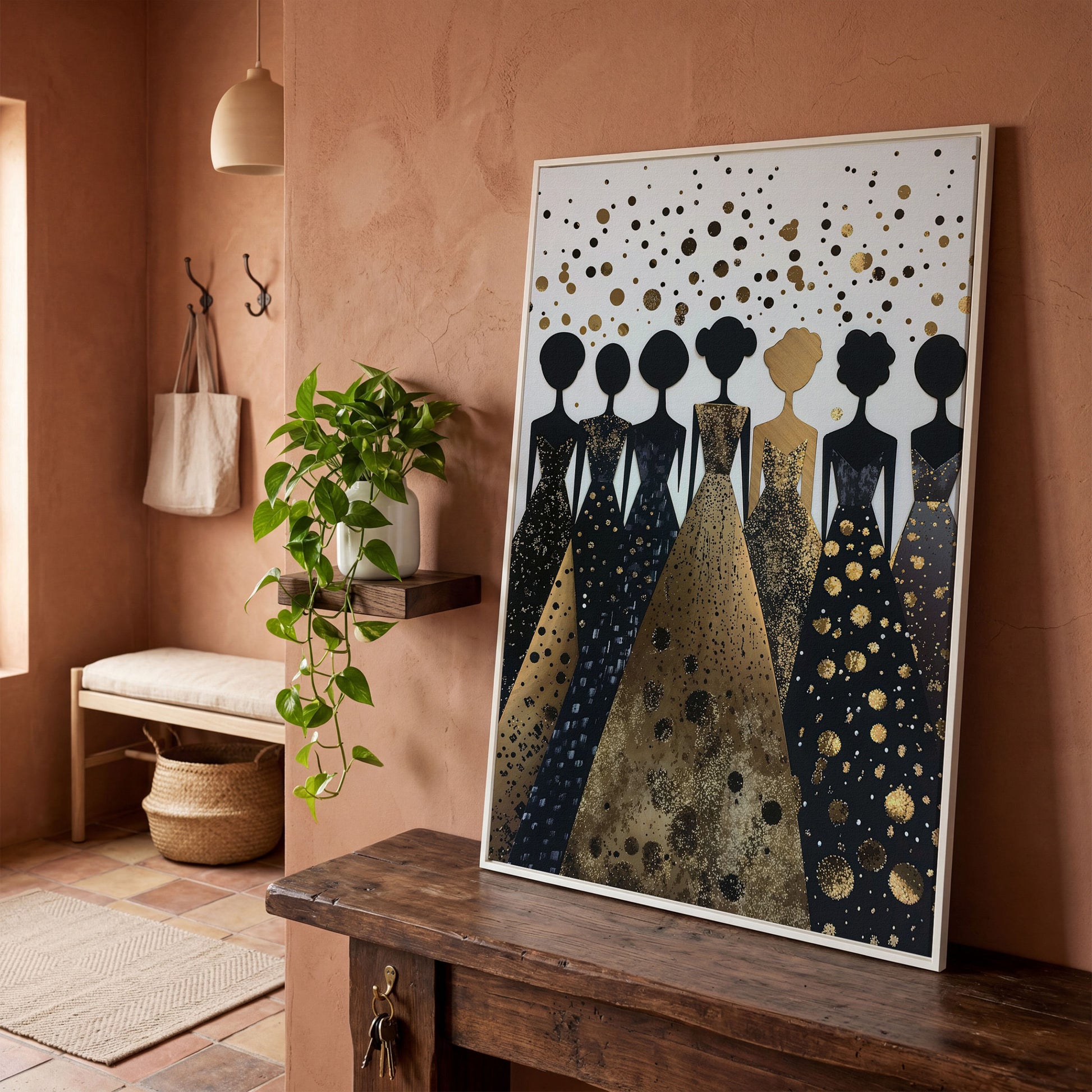 Seven Female Silhouettes in Gold and Black Canvas in white floating frame
