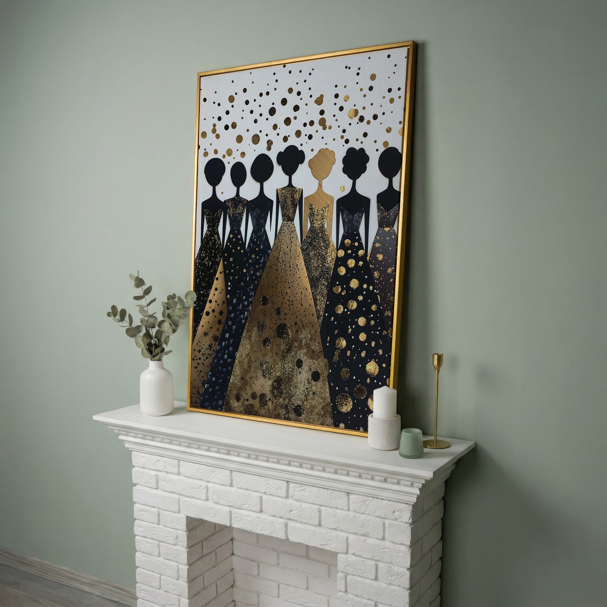 Seven Female Silhouettes in Gold and Black Canvas in yellow gold floating frame