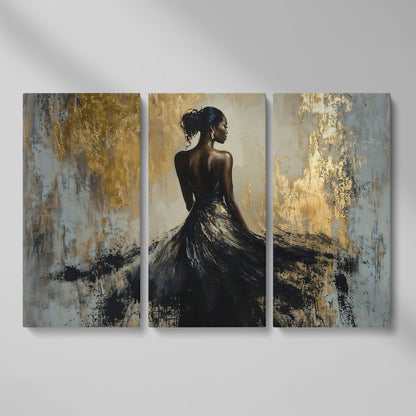 Woman in Black Gown Canvas Print, Abstract Gold Background as 3-panel split version