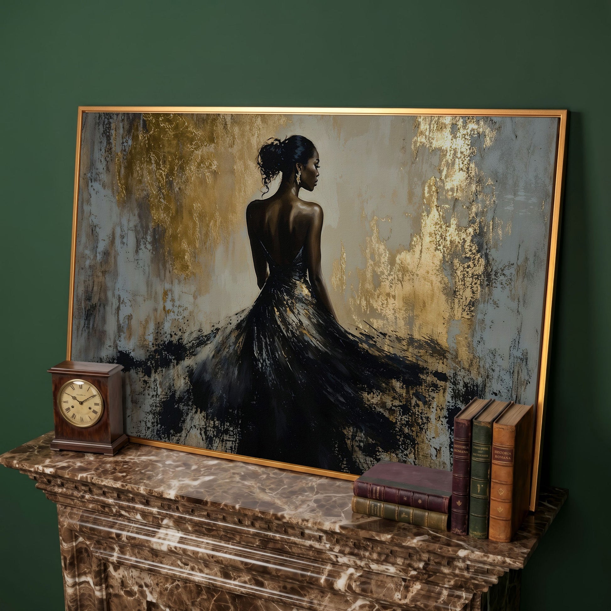 Woman in Black Gown Canvas Print, Abstract Gold Background in antique gold floating frame