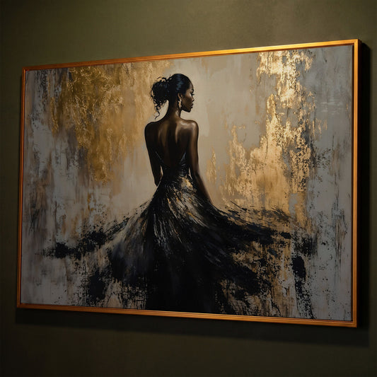 Woman in Black Gown Canvas Print, Abstract Gold Background shown in antique gold floating frame
