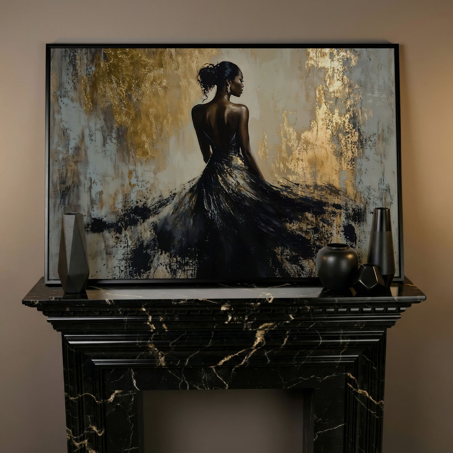 Woman in Black Gown Canvas Print, Abstract Gold Background in black floating frame