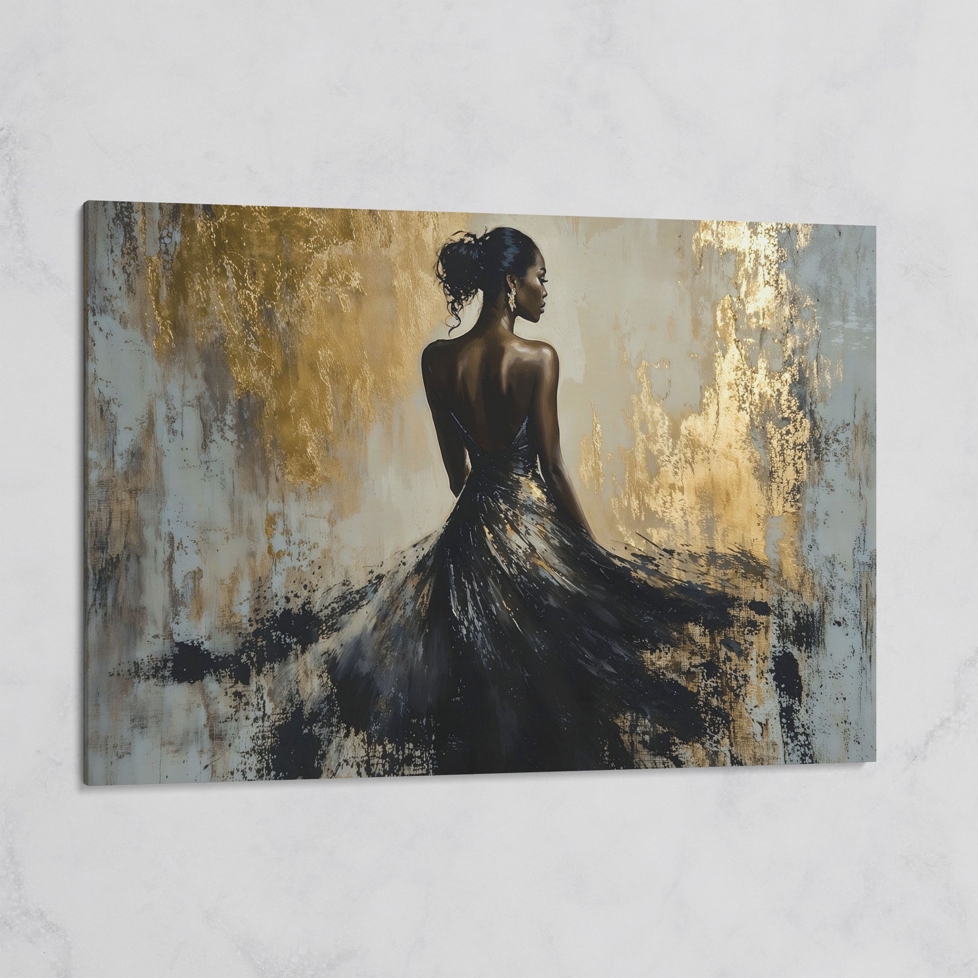 Woman in Black Gown Canvas Print, Abstract Gold Background on gallery wrap