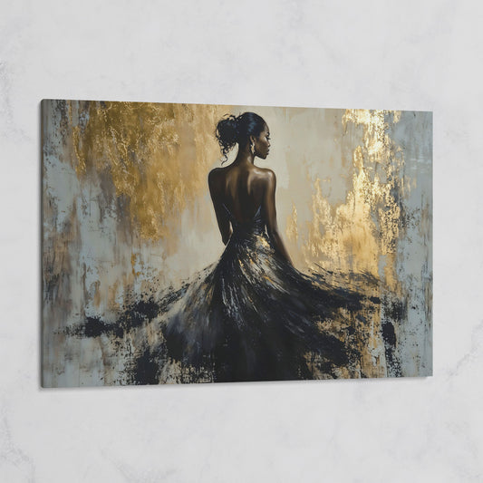 Woman in Black Gown Canvas Print, Abstract Gold Background on gallery wrap