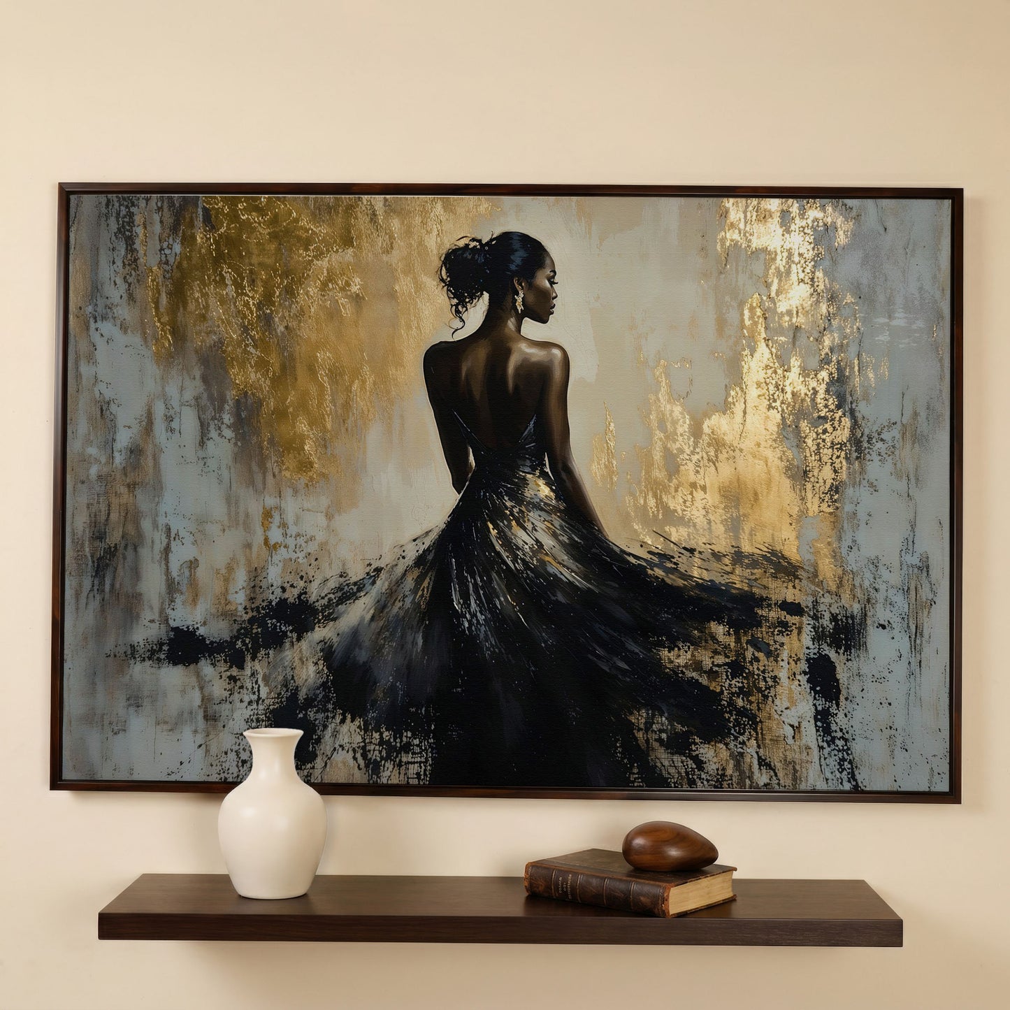 Woman in Black Gown Canvas Print, Abstract Gold Background in dark walnut floating frame