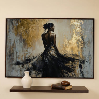 Woman in Black Gown Canvas Print, Abstract Gold Background in dark walnut floating frame