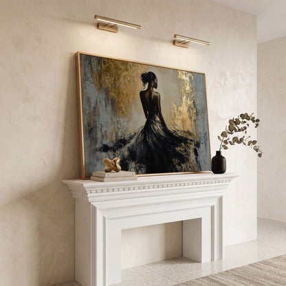 Woman in Black Gown Canvas Print, Abstract Gold Background in white oak floating frame