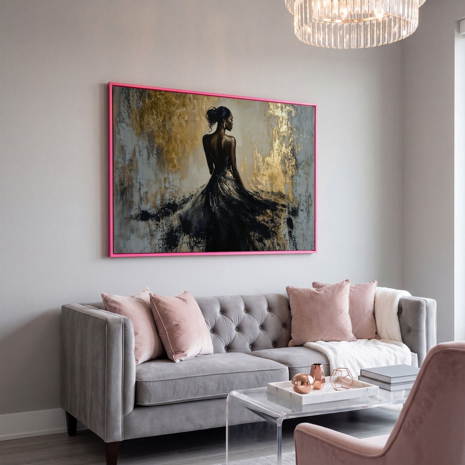 Woman in Black Gown Canvas Print, Abstract Gold Background in pink floating frame