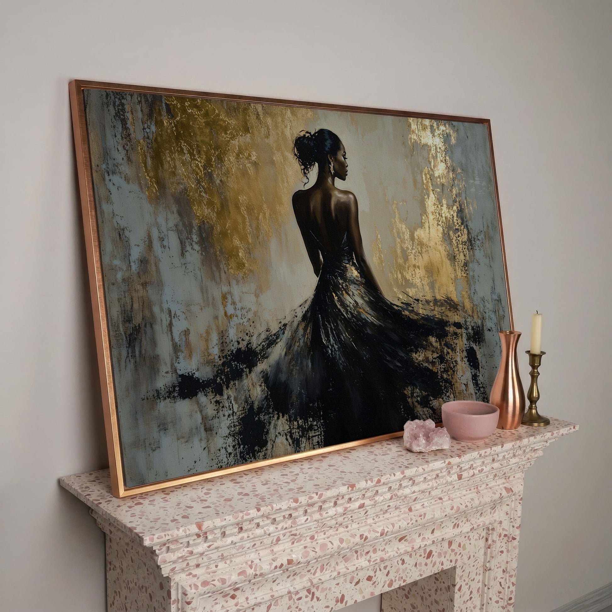 Woman in Black Gown Canvas Print, Abstract Gold Background in rose gold floating frame