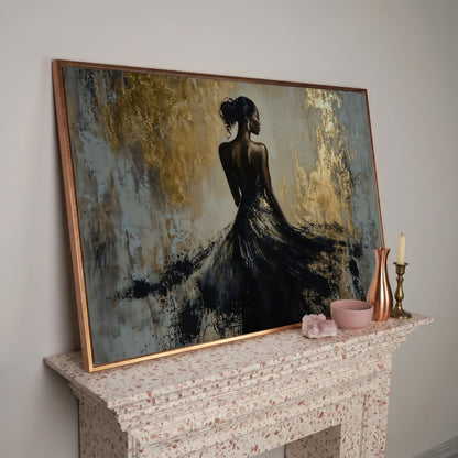 Woman in Black Gown Canvas Print, Abstract Gold Background in rose gold floating frame