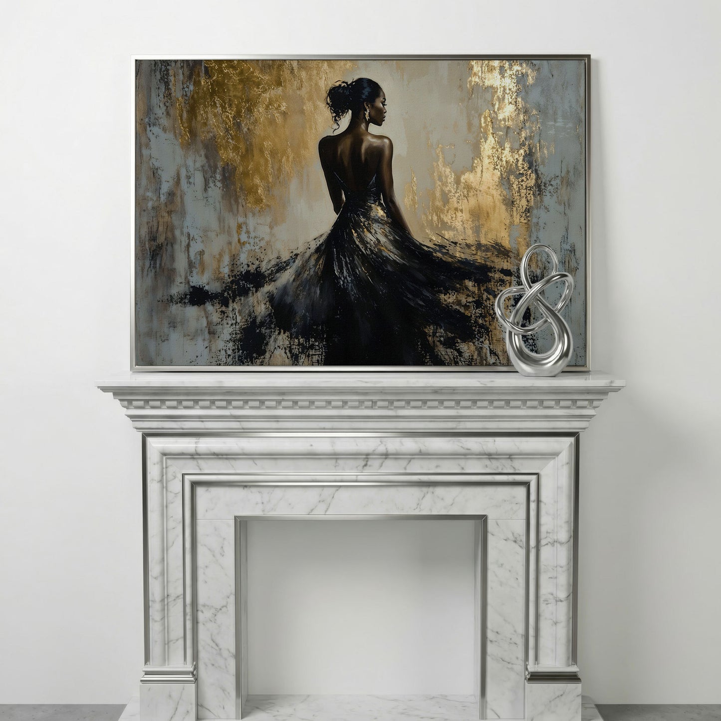 Woman in Black Gown Canvas Print, Abstract Gold Background in silver floating frame